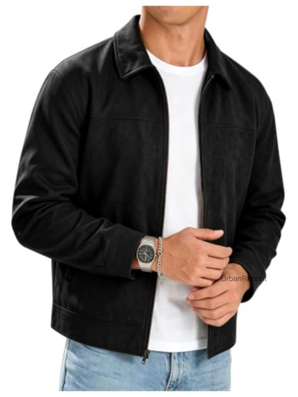 Men's Faux Suede Collared Full Zip Casual Jacket